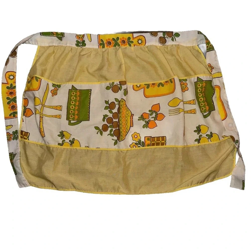 Vtg Half Apron Grannycore Retro Pocket Floral Fork Spoon Baking Kitchen Yellow